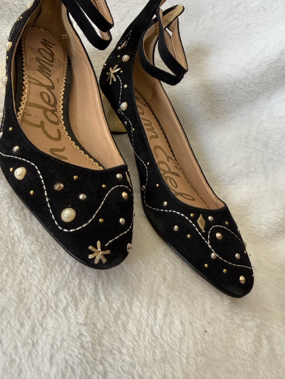 Sam Edelman Lucien Embroidered Pearl Stud Ankle Strap Block Heel Pumps - Picture 4 of 7
